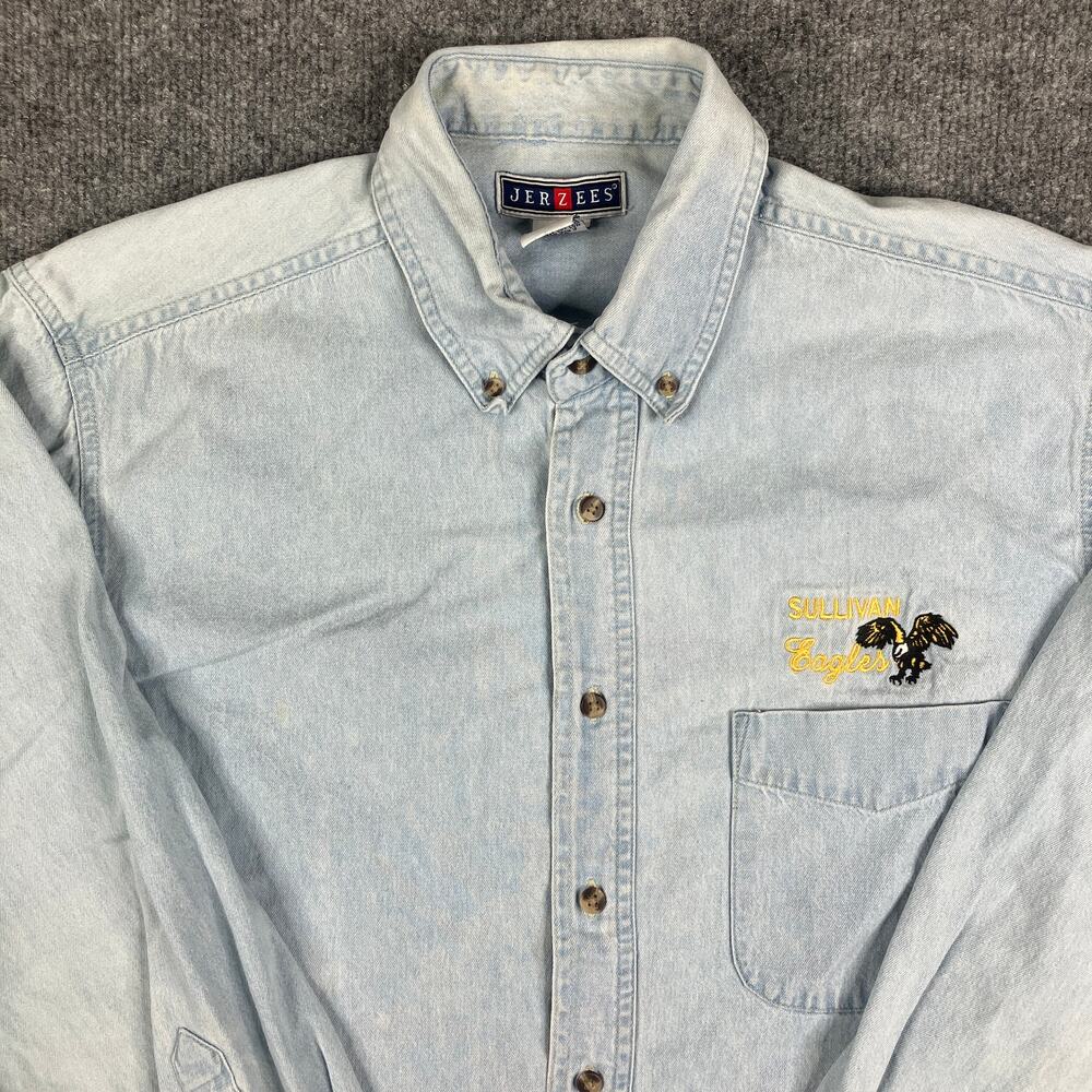 Jerzees Button-Up Shirt Womens L Light Wash Denim Embroidered Graphic Casual